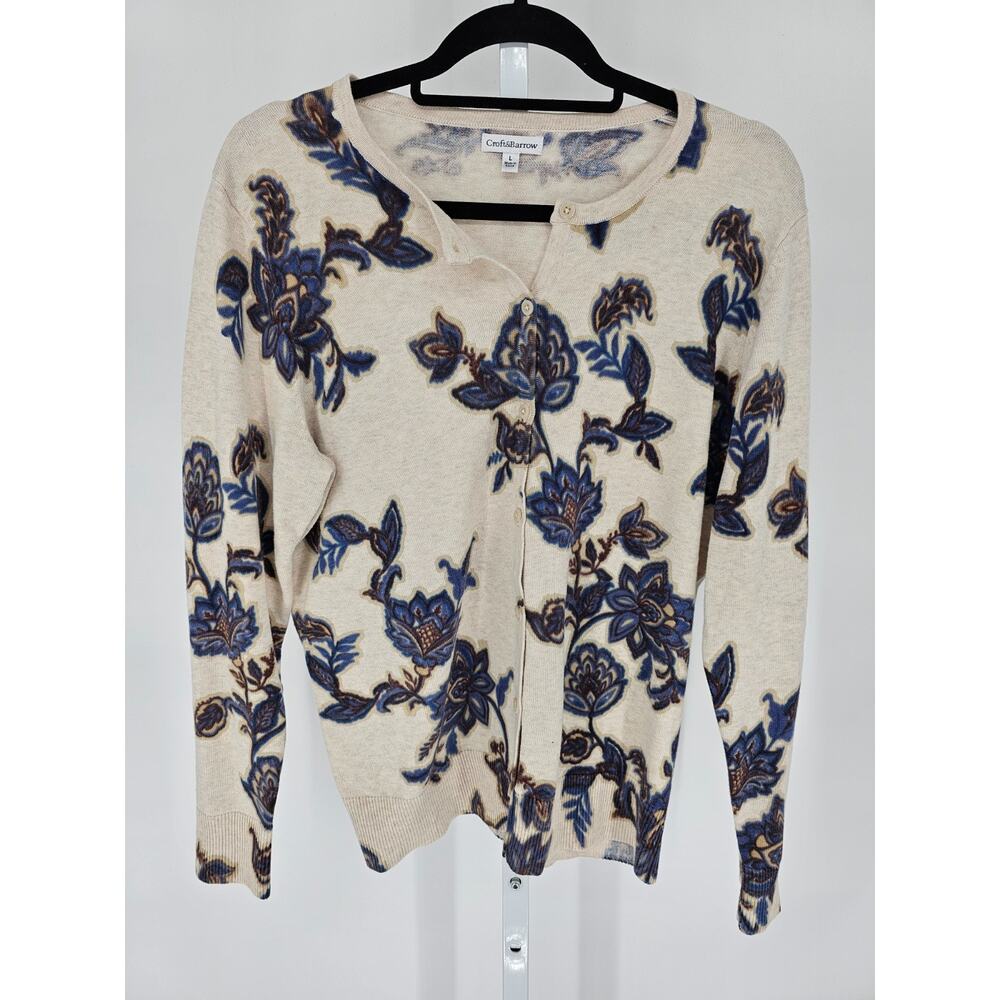 Croft & Barrow Womens Sz L Lightweight Cotton Cardigan Sweater Beige Blue Floral